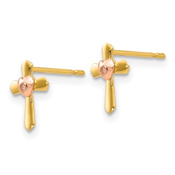14k Yellow and Rose Gold Madi K Heart Cross Childrens Post Earrings — alternate view