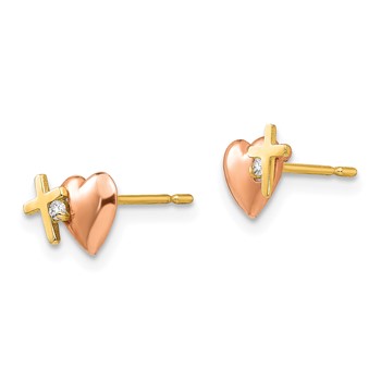14k Yellow and Rose Gold Madi K CZ Heart and Cross Childrens Post Earrings — alternate view