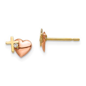 14k Yellow and Rose Gold Madi K CZ Heart and Cross Childrens Post Earrings