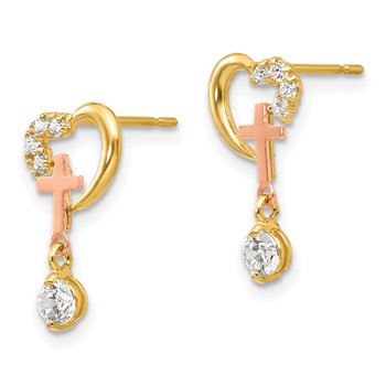 14k Madi K Two-tone CZ Cross and Heart Childrens Post Earrings — alternate view