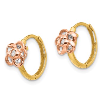 14k Yellow and Rose Gold Madi K CZ Flower Childrens Hinged Hoop Earrings — alternate view