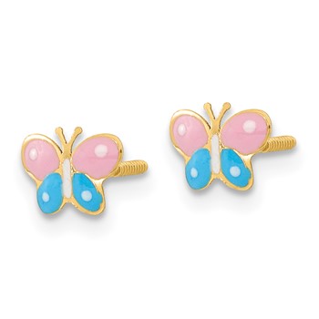 14k Madi K Polished Pink and Blue Enameled Butterfly Childrens Screwback Post Earrings — alternate view