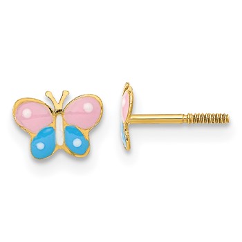 14k Madi K Polished Pink and Blue Enameled Butterfly Childrens Screwback Post Earrings