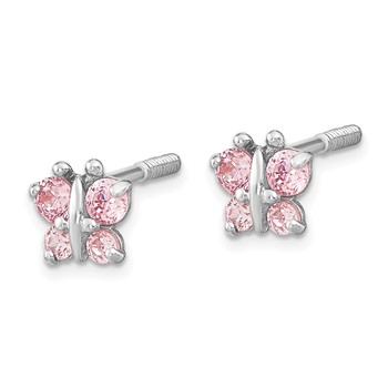 14k White Gold Madi K Polished Pink CZ Butterfly Childrens Screwback Post Earrings — alternate view