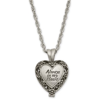 ALWAYS IN MY HEART Silver-tone Antiqued Heart Locket Memorial with Brass Ash Holder 24 inch Necklace with Message Card