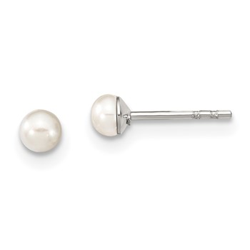 Sterling Silver Rhodium-plated 3-4mm White Button Freshwater Cultured Pearl Stud Earrings with Pink Gift Pouch