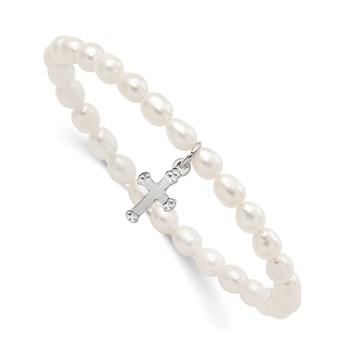 Sterling Silver Polished Cross and 4-5mm White Rice Shape Freshwater Cultured Pearl 40mm Stretch Bracelet with Pink Gift Pouch