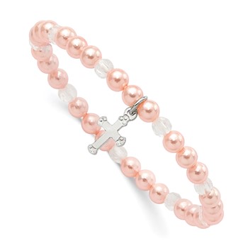 Sterling Silver Polished Cross 4mm Pink Imitation Shell Pearl and Faceted Clear Crystal Bead Stretch Bracelet with Pink Gift Pouch
