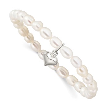 Sterling Silver Puffed Heart and 4-5mm White Rice Shape Freshwater Cultured Pearl 40mm Stretch Bracelet with Pink Gift Pouch