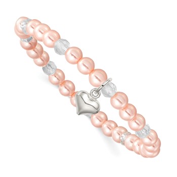 Sterling Silver Puffed Heart 4mm Pink Imitation Shell Pearl and Faceted Clear Crystal Bead Stretch Bracelet with Pink Gift Pouch