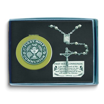 White Crystal First Holy Communion Rosary and Keepsake Box Gift Set