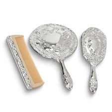 Image of "Nickel-plated Comb, Brush, Mirror Ornate Dresser Set"