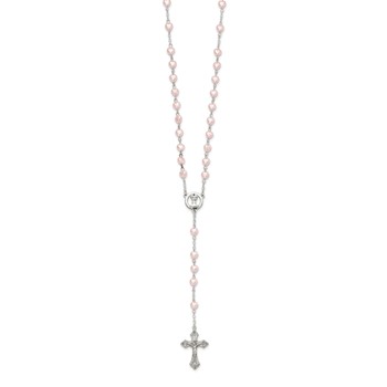 Silver-tone Pink Glass Heart Bead Communion Boxed Rosary — alternate view