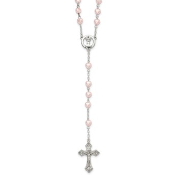 Silver-tone Pink Glass Heart Bead Communion Boxed Rosary