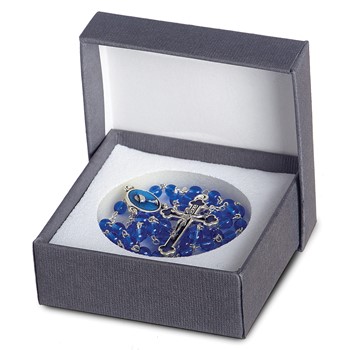 Silver-tone Blue Glass Enameled First Communion 16 inch Boxed Rosary — alternate view