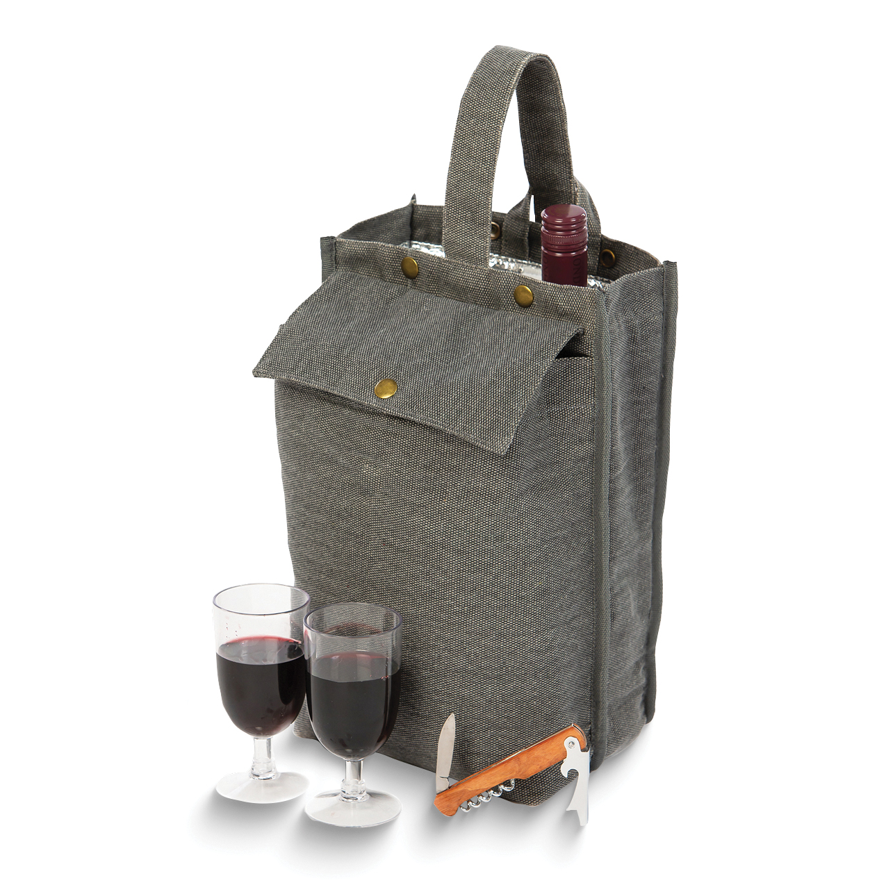 Silverado II Grey Canvas Wine Cooler Tote with 2 Goblets and