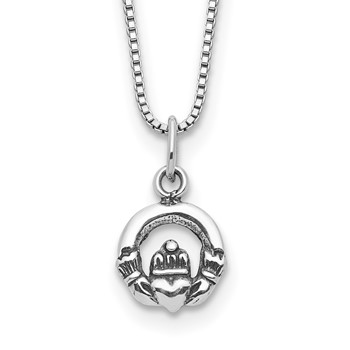 Sterling Silver Mini Antiqued Claddagh 14 Inch Necklace with Pink Gift Pouch