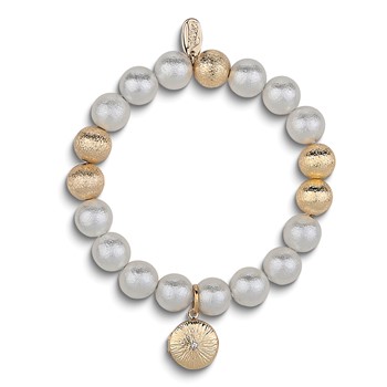 Gold-tone Prayer Locket 7 inch Cotton Bead Stretch Bracelet