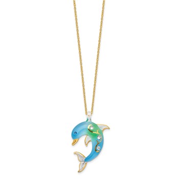 Glass Baron 22K Gilding Accent Gold-trim Turquoise Glass with Crystal from Swarovski Accent Dolphin 18 inch Gold-tone Necklace — alternate view