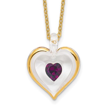 Glass Baron 22K Accent Gilding Gold-trim Glass with Purple February Birthstone Crystal Heart 18 inch Gold-tone Necklace