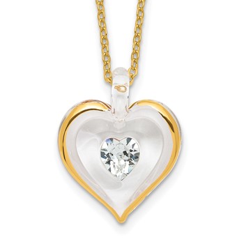Glass Baron 22K Accent Gilding Gold-trim Glass with Clear April Birthstone Crystal Heart 18 inch Gold-tone Necklace
