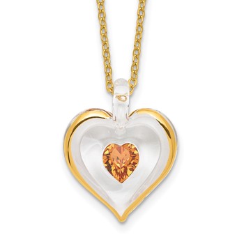 Glass Baron 22K Accent Gilding Gold-trim Glass with Golden Brown November Birthstone Crystal Heart 18 inch Gold-tone Necklace