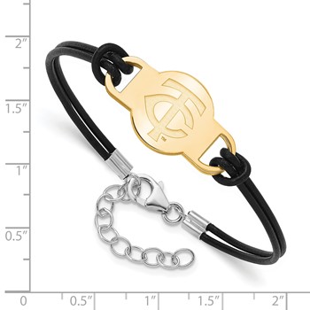 Sterling Silver Gold Plated Major League Baseball LogoArt Minnesota Twins Leather Bracelet — alternate view