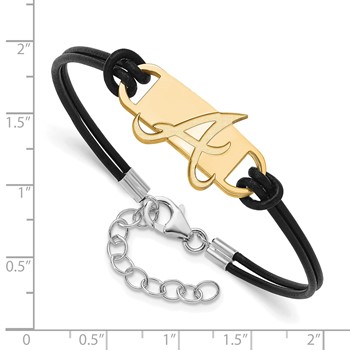Sterling Silver Gold Plated Major League Baseball LogoArt Atlanta Braves Leather Bracelet — alternate view