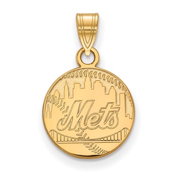 14k Gold Major League Baseball LogoArt New York Mets Script Baseball Small Pendant
