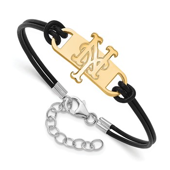 Sterling Silver Gold Plated Major League Baseball LogoArt New York Mets N-Y Leather Bracelet