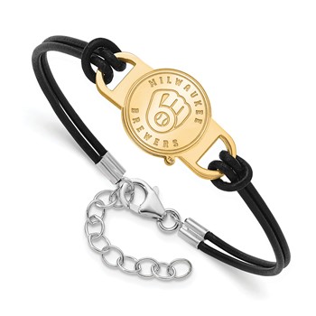 Sterling Silver Gold Plated Major League Baseball LogoArt Milwaukee Brewers Leather Bracelet