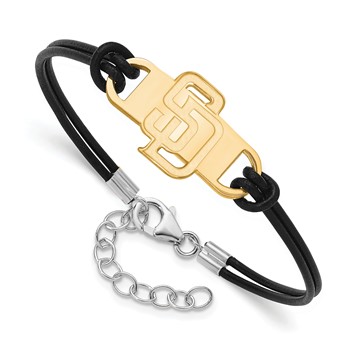 Sterling Silver Gold Plated Major League Baseball LogoArt San Diego Padres S-D Leather Bracelet