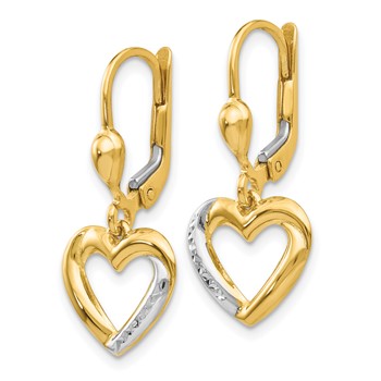 14K and White Rhodium Textured and Polished Heart Leverback Earrings — alternate view