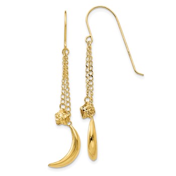 14K Chain Dangle Puffed Moon & Stars Shepherd Hook Earrings