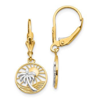 14k and White Rhodium Palm Tree and Sun in Circle Leverback Earrings