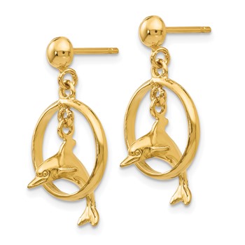 14K Polished 3-D Dolphin Jumping Through Hoop Dangle Post Earrings — alternate view