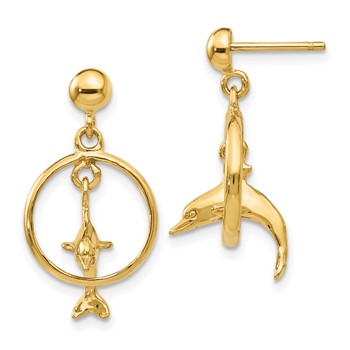 14K Polished 3-D Dolphin Jumping Through Hoop Dangle Post Earrings