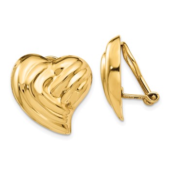 14k 18mm Striped Heart Omega Back Non-pierced Earrings