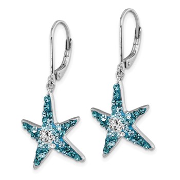 Sterling Silver Rhodium-Plated Polished Blue and White Crystal Starfish Leverback Earrings — alternate view