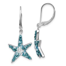 Image of Sterling Silver Rhodium-Plated Polished Blue and White Crystal Starfish Leverback Earrings