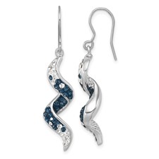Image of Sterling Silver Rhodium-Plated Polished Long Twirl White and Blue Crystal Wave Dangle Earrings