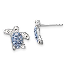 Image of Sterling Silver Rhodium-plated Polished Blue and White Crystal Turtle Post Earrings
