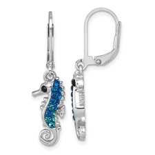 Image of Sterling Silver Rhodium-plated Polished Blue Crystal Seahorse Dangle Earrings