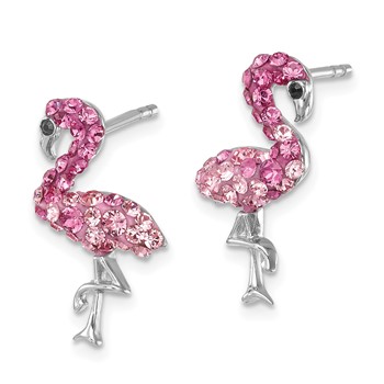 Sterling Silver Rhodium-plated Polished Pink Crystal Flamingo Post Earrings — alternate view