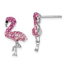 Image of Sterling Silver Rhodium-plated Polished Pink Crystal Flamingo Post Earrings