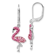 Image of Sterling Silver Rhodium-plated Polished Pink Crystal Flamingo Leverback Earrings