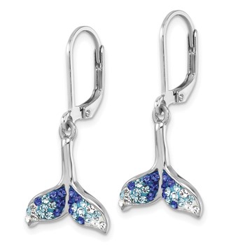 Sterling Silver Rhodium-Plated Polished Blue and White Crystal Whale Tail Dangle Leverback Earrings — alternate view