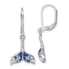 Image of Sterling Silver Rhodium-Plated Polished Blue and White Crystal Whale Tail Dangle Leverback Earrings