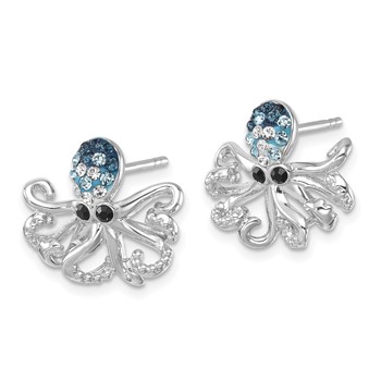 Sterling Silver Rhodium-plated Polished Blue and White Crystal Octopus Post Earrings — alternate view