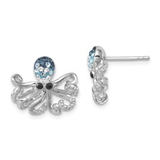 Image of Sterling Silver Rhodium-plated Polished Blue and White Crystal Octopus Post Earrings